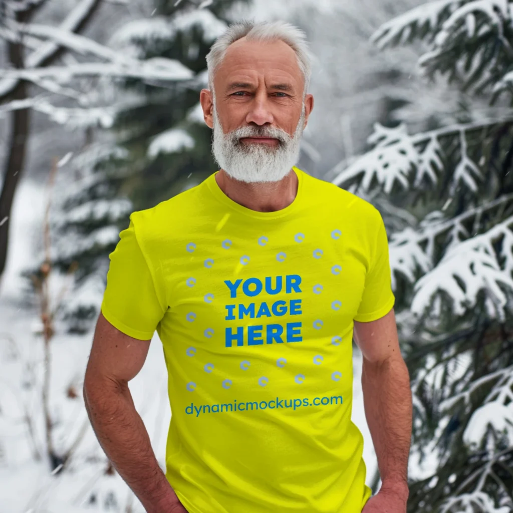 Man Wearing Yellow T-shirt Mockup Front View Template