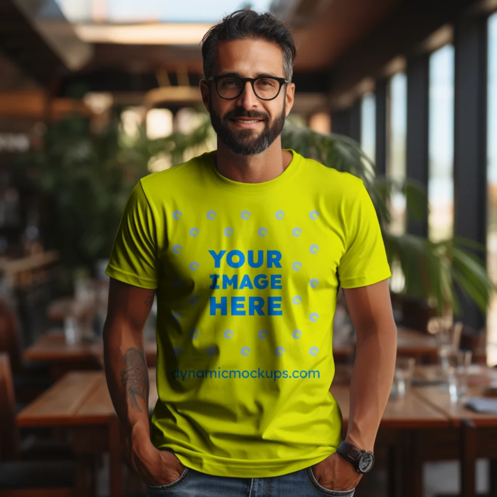 Man Wearing Yellow T-shirt Mockup Front View Template