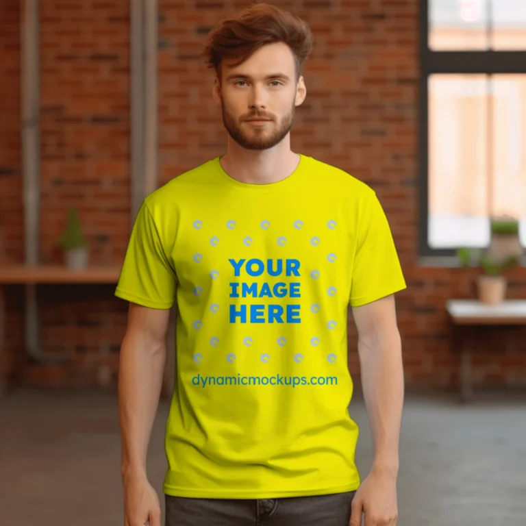 Man Wearing Yellow T-shirt Mockup Front View Template