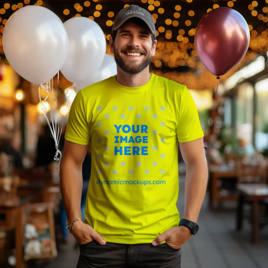 Man Wearing Yellow T-shirt Mockup Front View Template