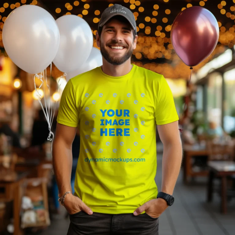 Man Wearing Yellow T-shirt Mockup Front View Template