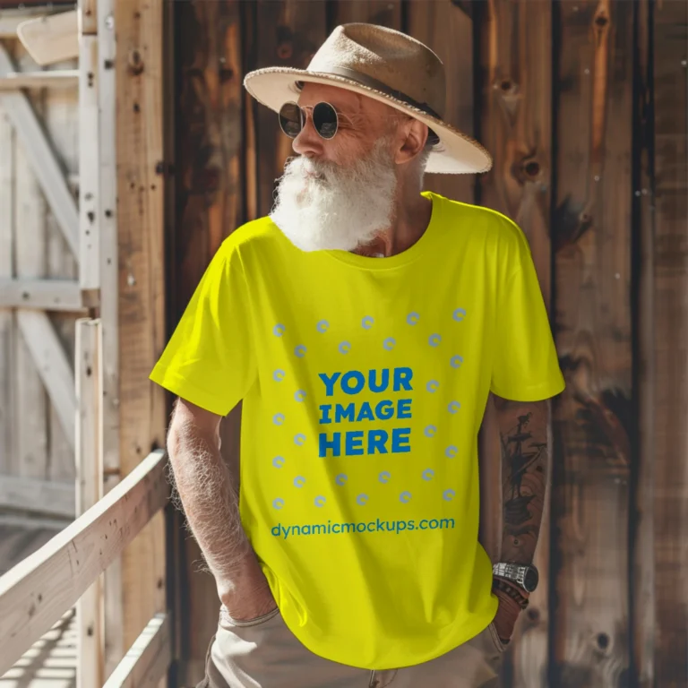 Man Wearing Yellow T-shirt Mockup Front View Template