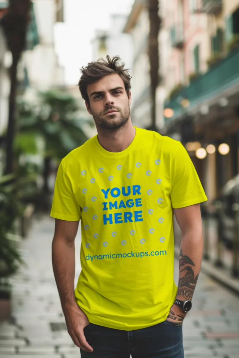 Man Wearing Yellow T-shirt Mockup Front View Template