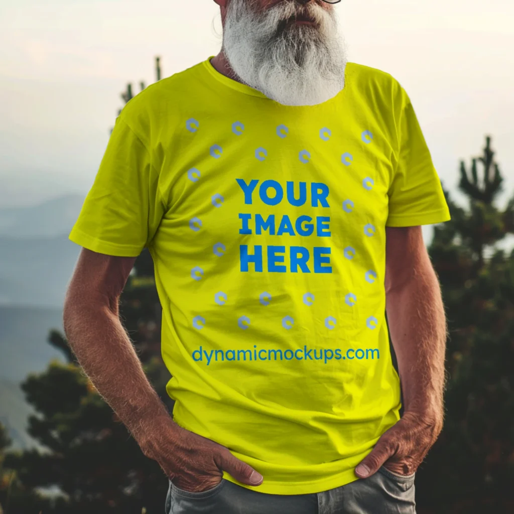 Man Wearing Yellow T-shirt Mockup Front View Template