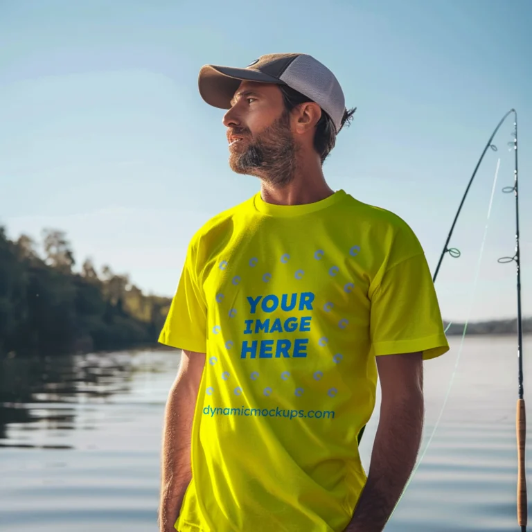 Man Wearing Yellow T-shirt Mockup Front View Template