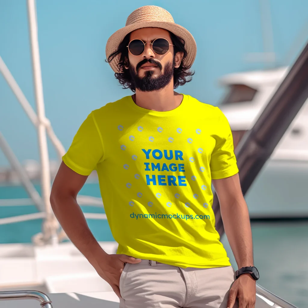 Man Wearing Yellow T-shirt Mockup Front View Template