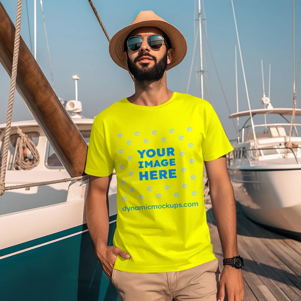 Man Wearing Yellow T-shirt Mockup Front View Template