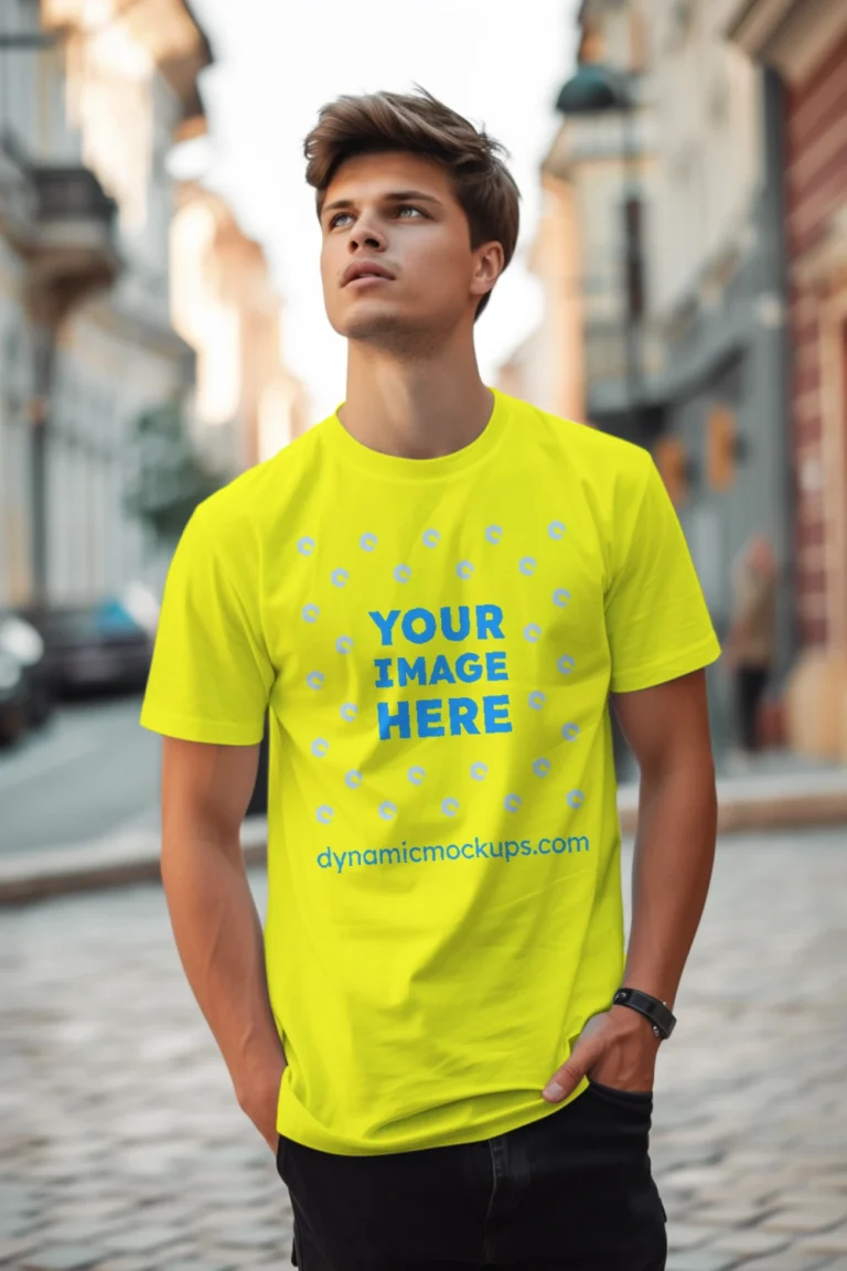 Man Wearing Yellow T-shirt Mockup Front View Template