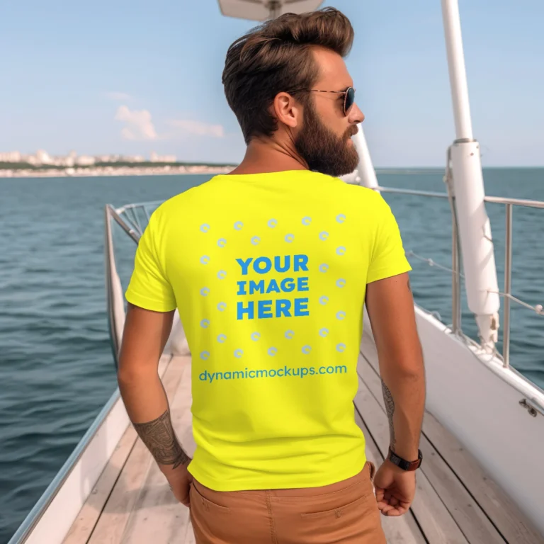 Man Wearing Yellow T-shirt Mockup Back View Template