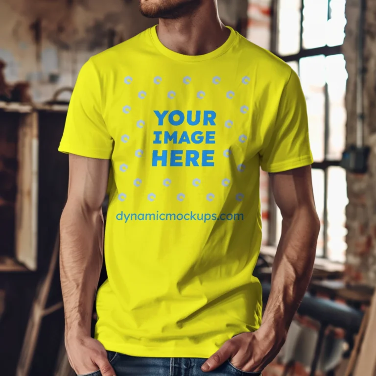 Man Wearing Yellow T-shirt Mockup Front View Template