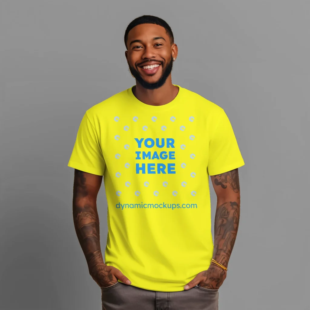 Man Wearing Yellow T-shirt Mockup Front View Template