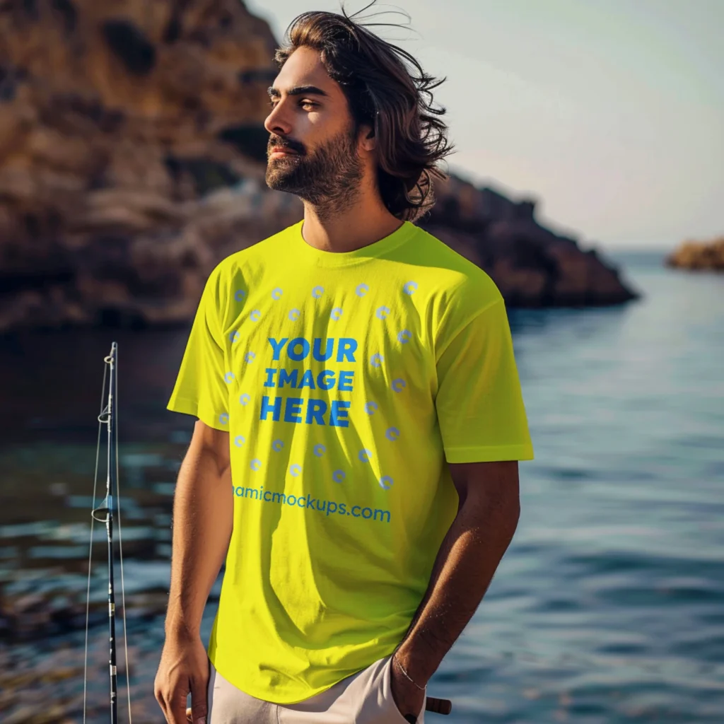 Man Wearing Yellow T-shirt Mockup Front View Template