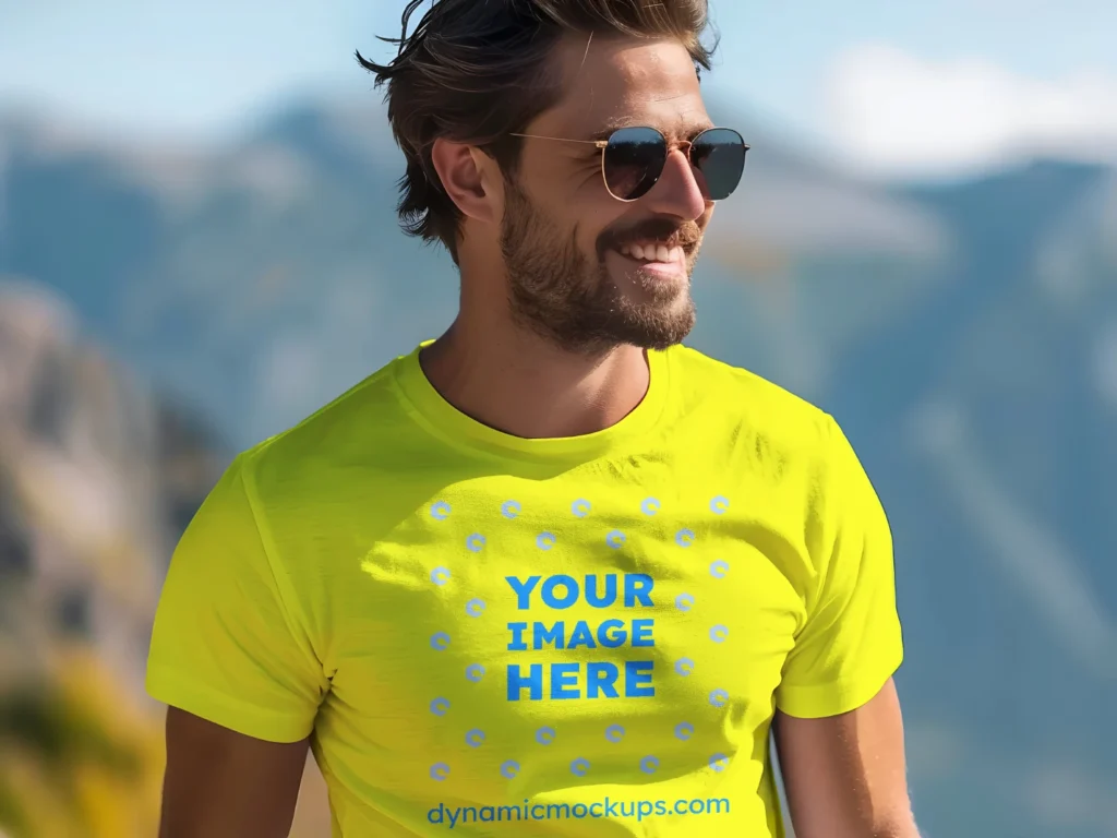 Man Wearing Yellow T-shirt Mockup Front View Template