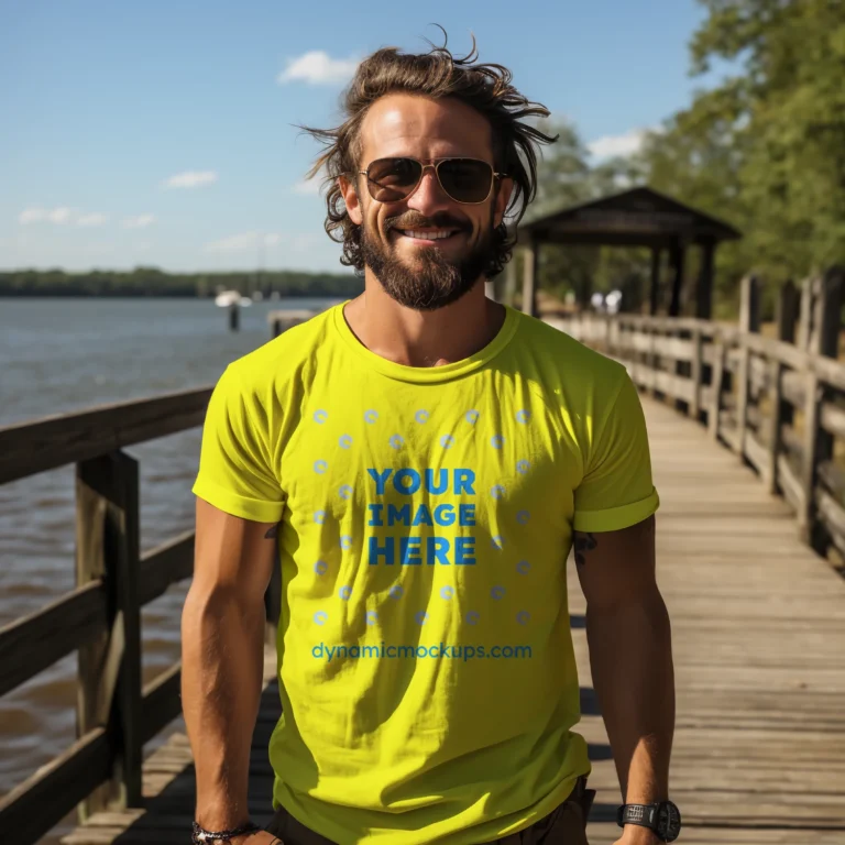 Man Wearing Yellow T-shirt Mockup Front View Template