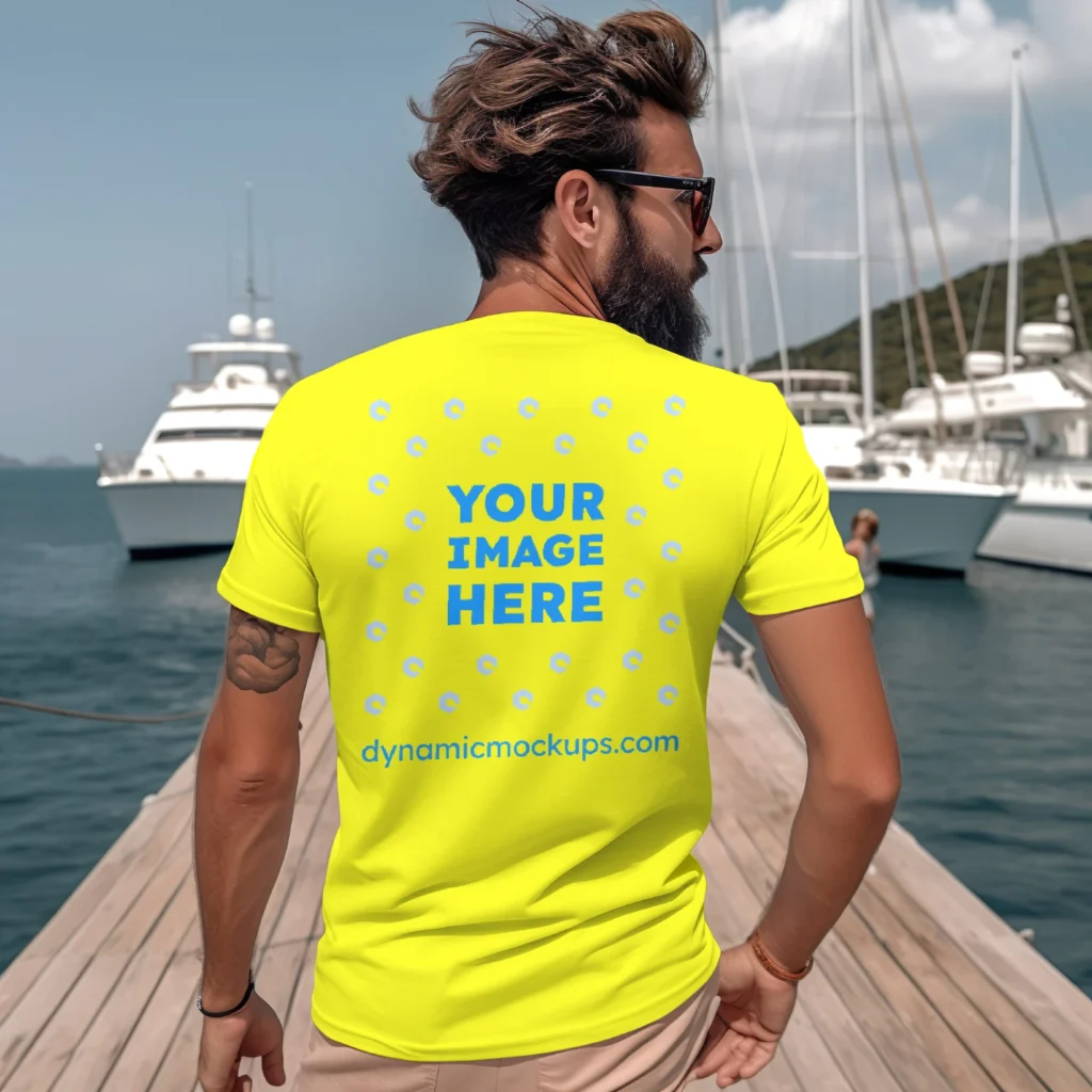 Man Wearing Yellow T-shirt Mockup Back View Template