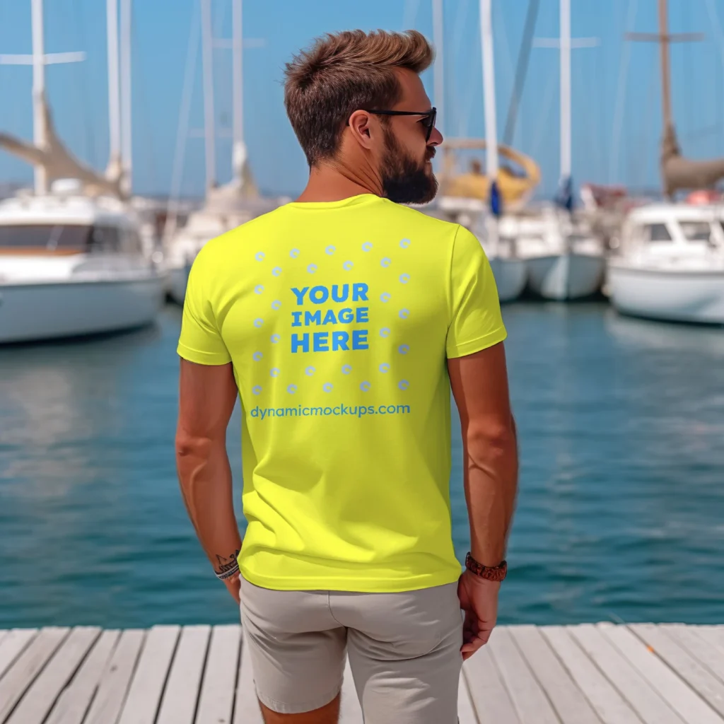 Man Wearing Yellow T-shirt Mockup Back View Template