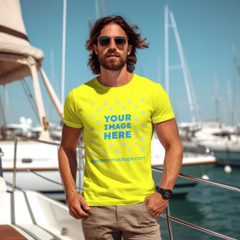 Man Wearing Yellow T-shirt Mockup Front View Template