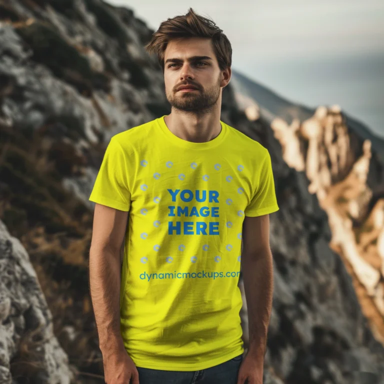 Man Wearing Yellow T-shirt Mockup Front View Template