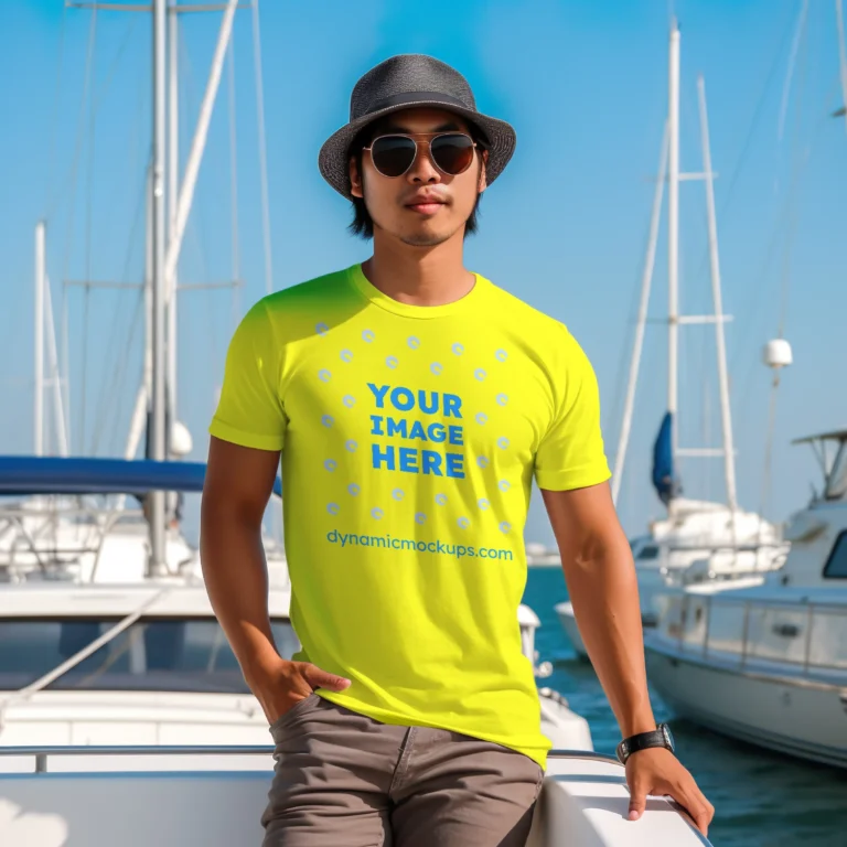 Man Wearing Yellow T-shirt Mockup Front View Template