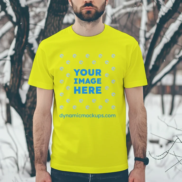 Man Wearing Yellow T-shirt Mockup Front View Template