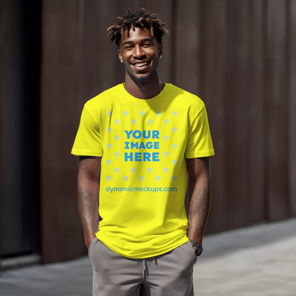 Man Wearing Yellow T-shirt Mockup Front View Template