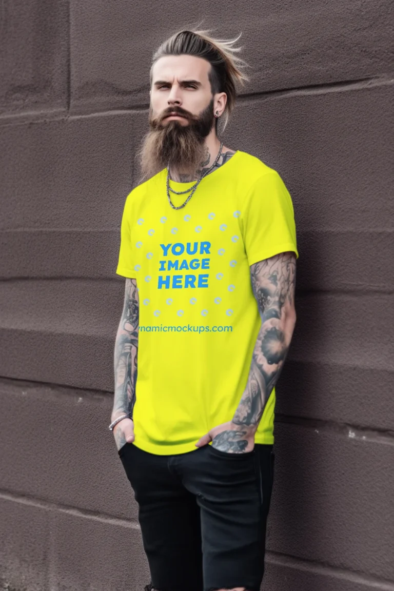 Man Wearing Yellow T-shirt Mockup Front View Template