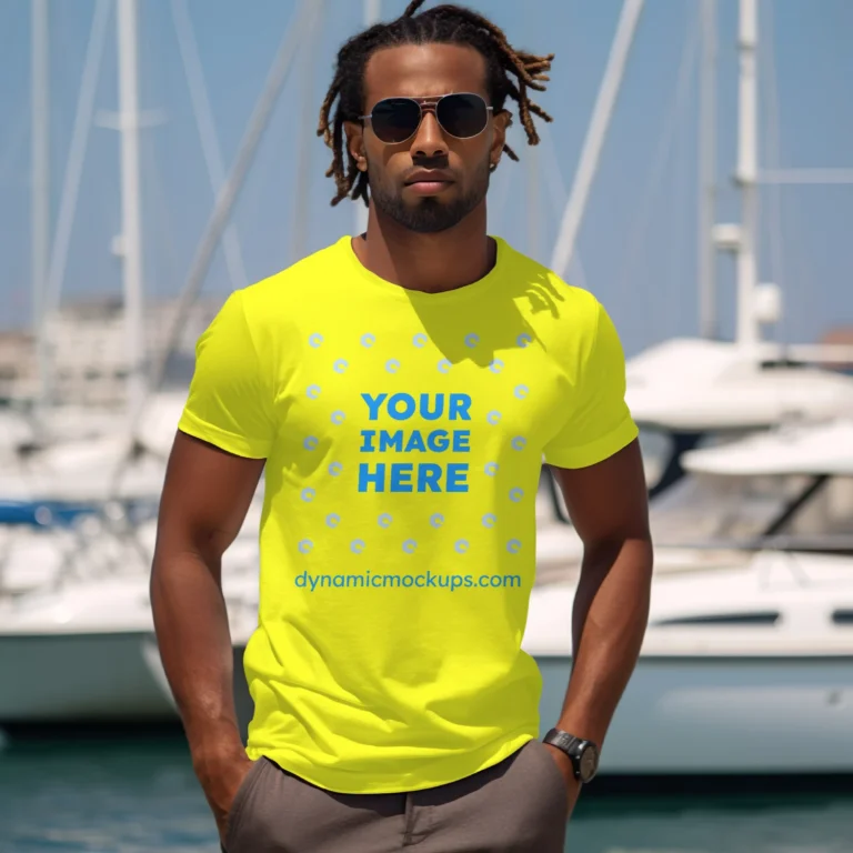 Man Wearing Yellow T-shirt Mockup Front View Template