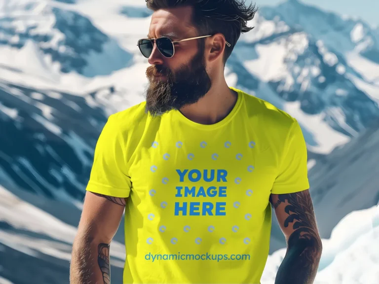 Man Wearing Yellow T-shirt Mockup Front View Template