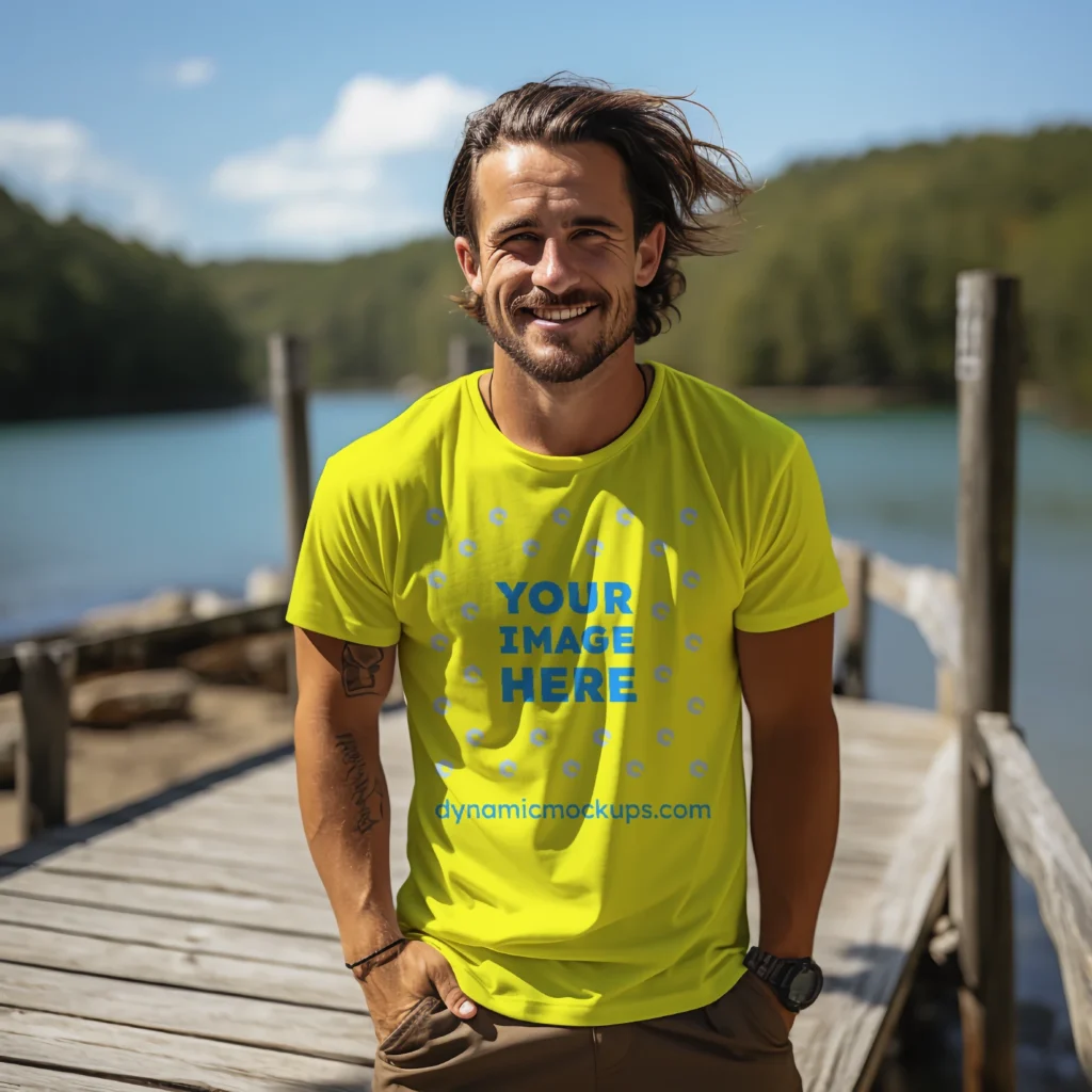 Man Wearing Yellow T-shirt Mockup Front View Template