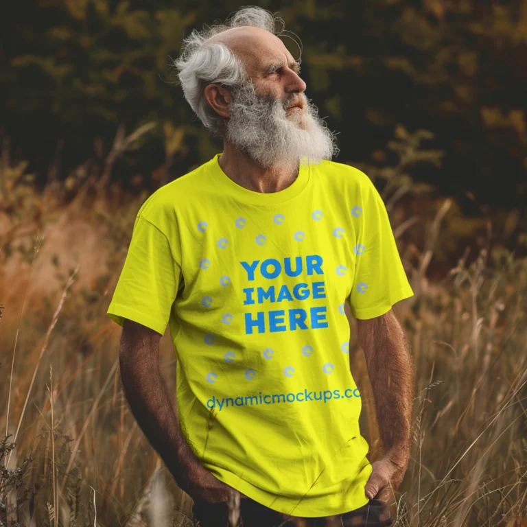 Man Wearing Yellow T-shirt Mockup Front View Template