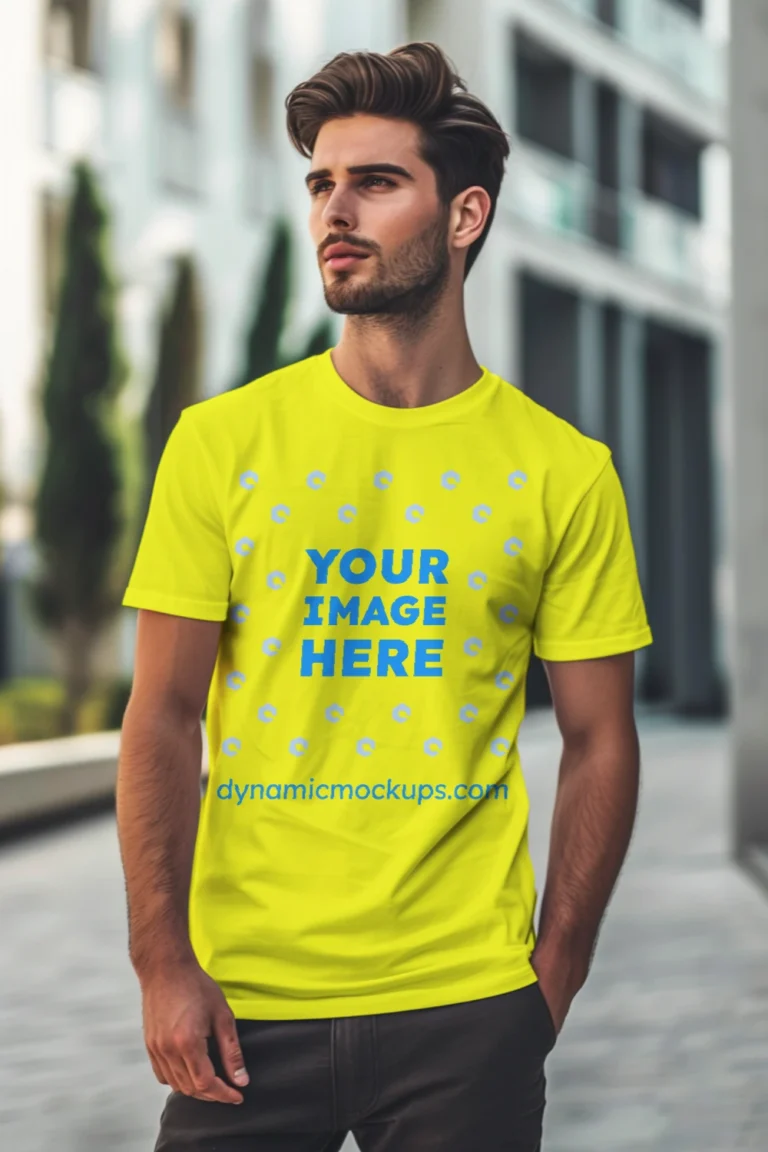 Man Wearing Yellow T-shirt Mockup Front View Template