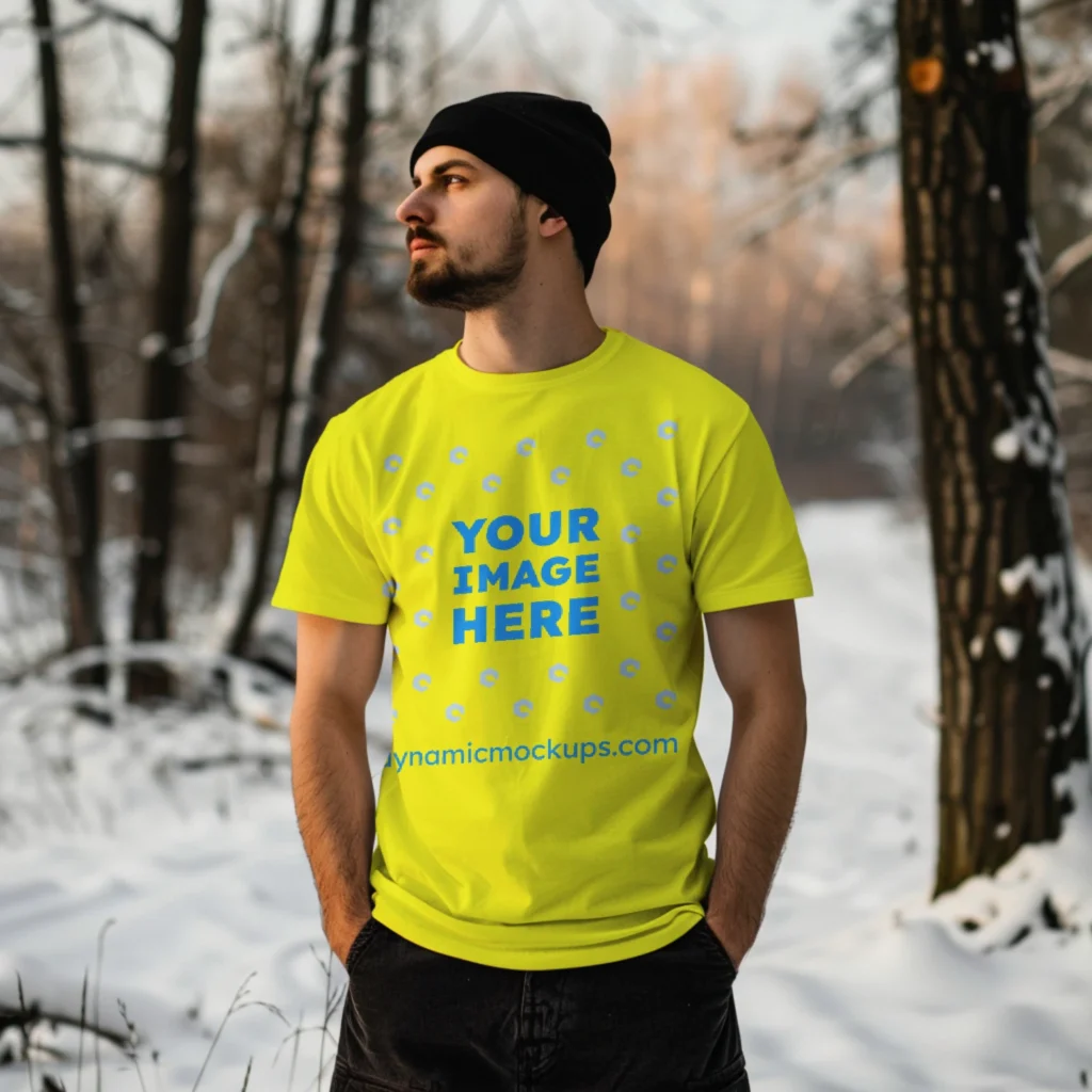 Man Wearing Yellow T-shirt Mockup Front View Template