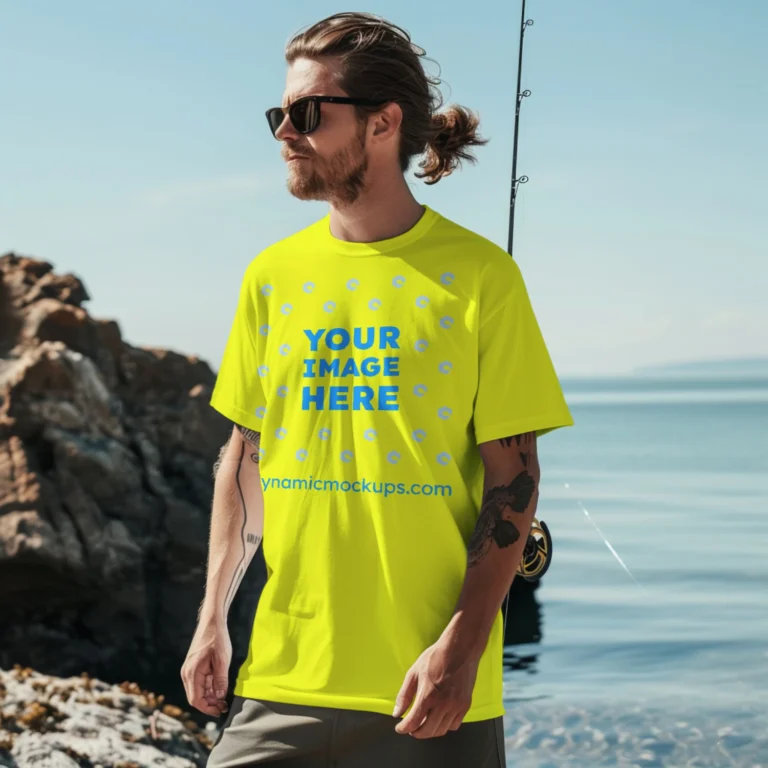 Man Wearing Yellow T-shirt Mockup Front View Template