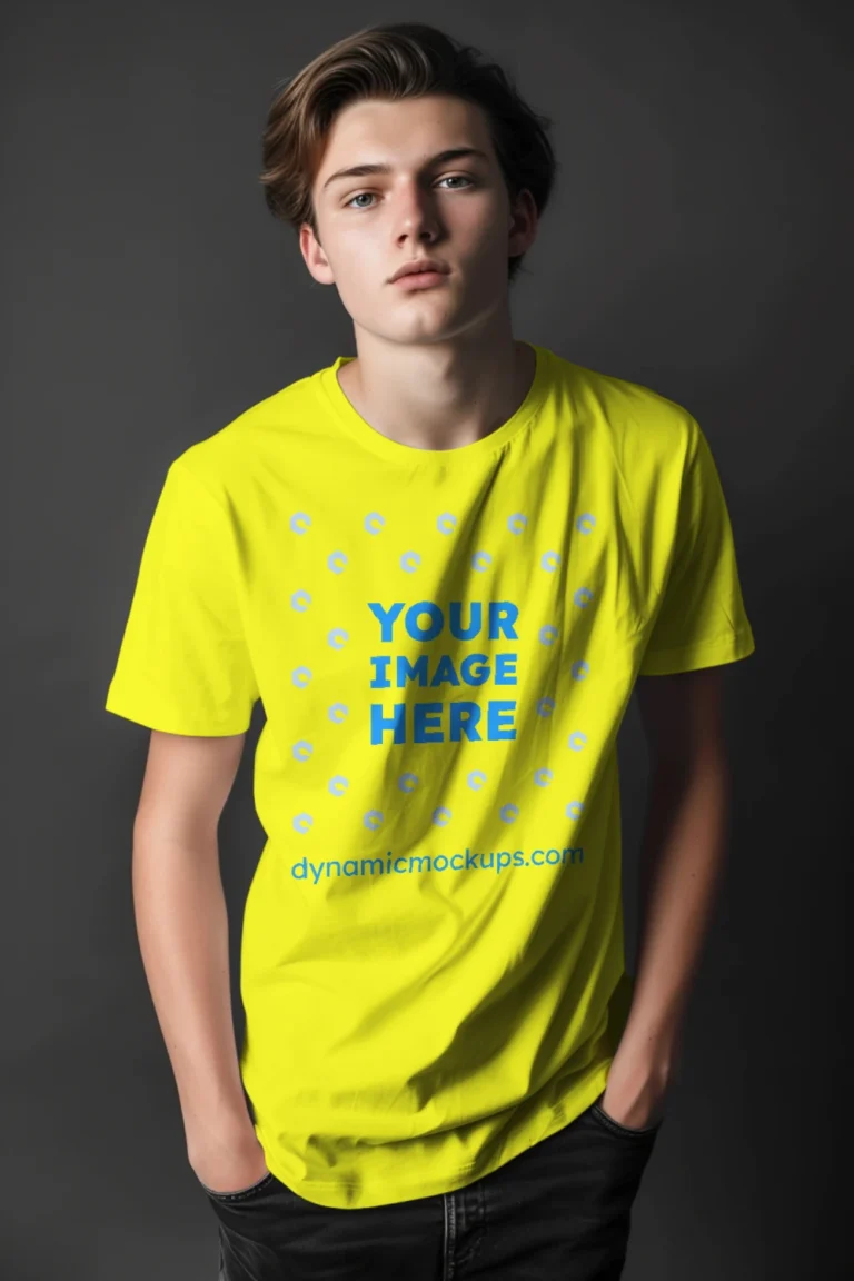 Man Wearing Yellow T-shirt Mockup Front View Template