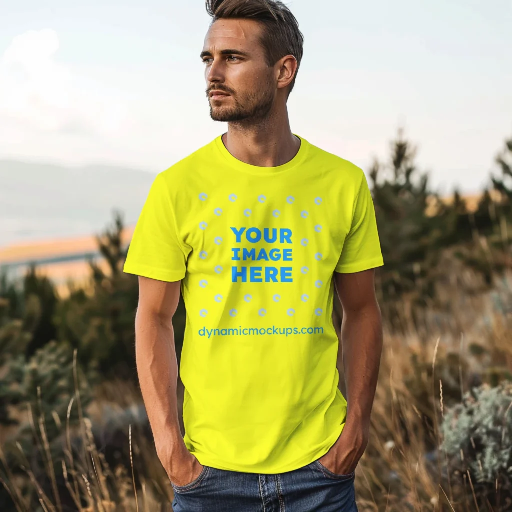 Man Wearing Yellow T-shirt Mockup Front View Template