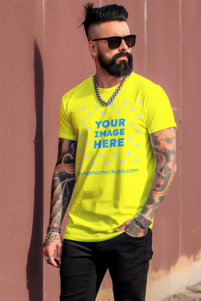 Man Wearing Yellow T-shirt Mockup Front View Template