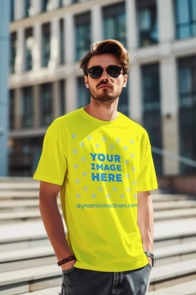 Man Wearing Yellow T-shirt Mockup Front View Template