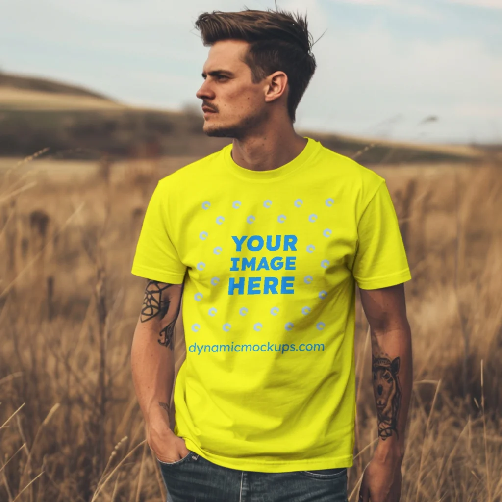 Man Wearing Yellow T-shirt Mockup Front View Template