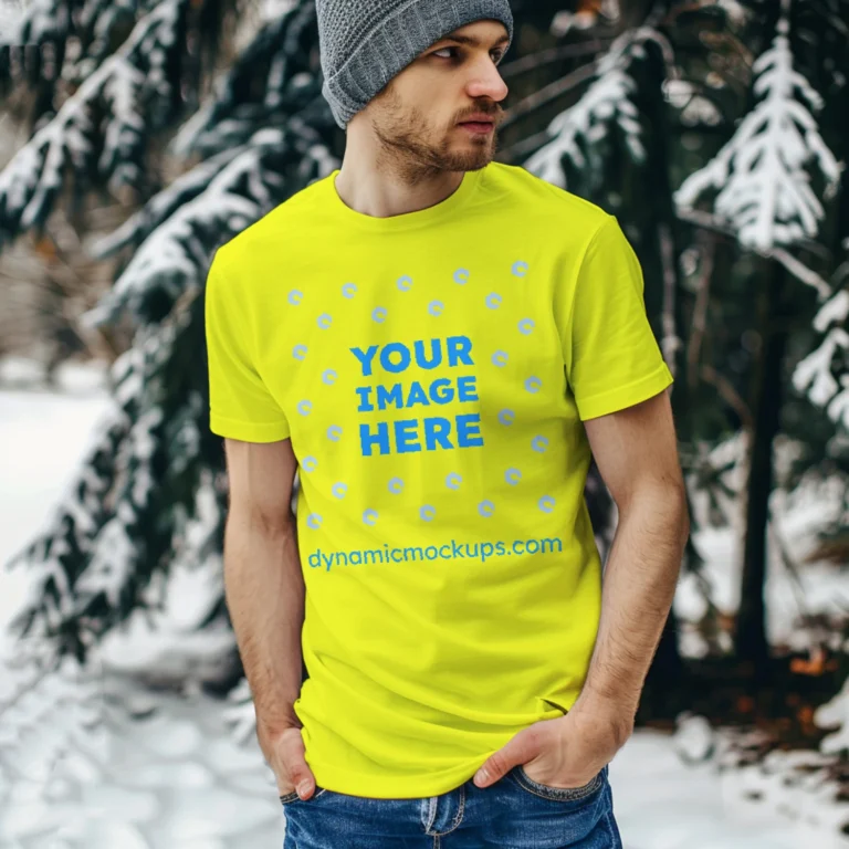 Man Wearing Yellow T-shirt Mockup Front View Template