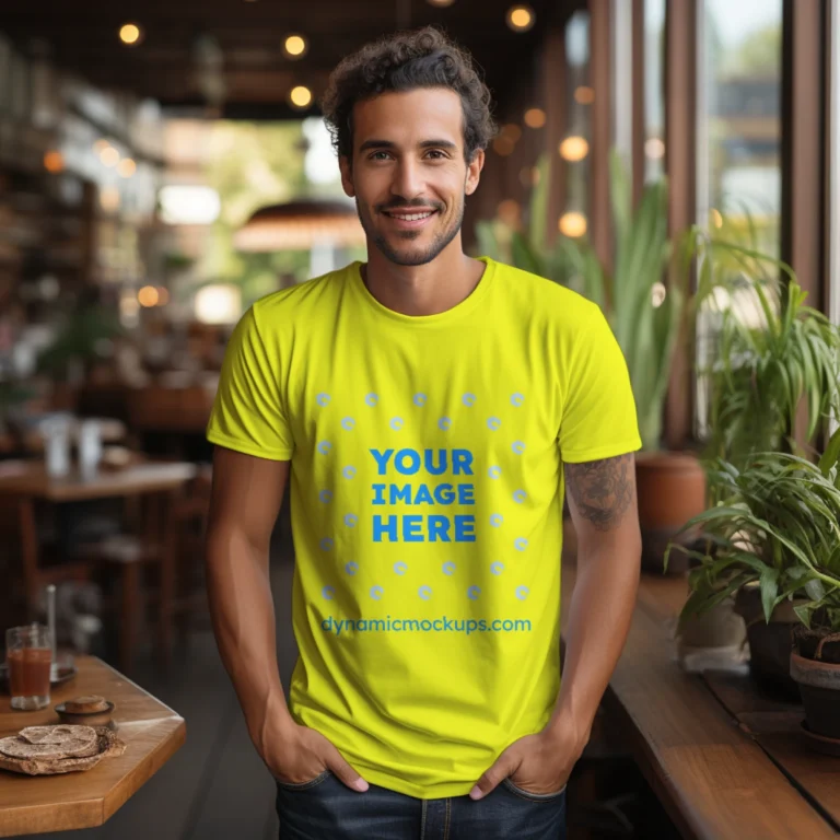 Man Wearing Yellow T-shirt Mockup Front View Template