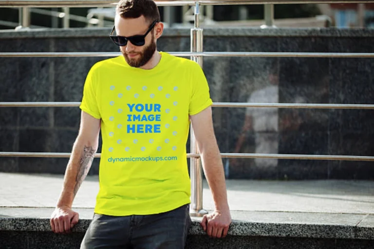 Man Wearing Yellow T-shirt Mockup Front View Template