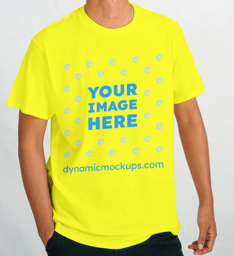 Man Wearing Yellow T-shirt Mockup Front View Template