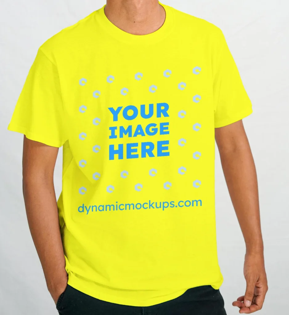 Man Wearing Yellow T-shirt Mockup Front View Template