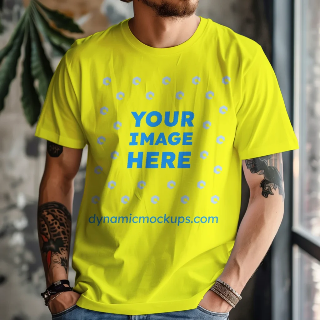 Man Wearing Yellow T-shirt Mockup Front View Template