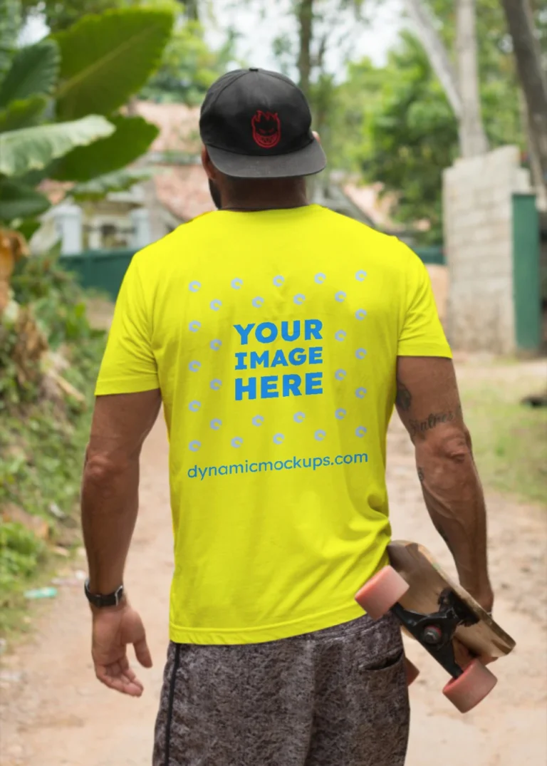 Man Wearing Yellow T-shirt Mockup Back View Template