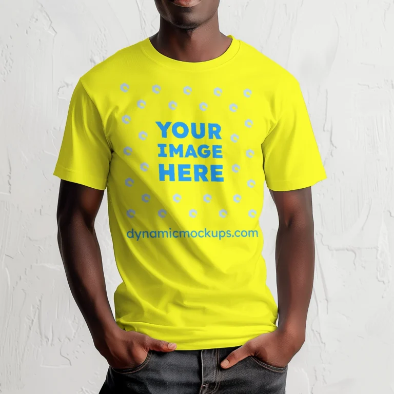 Man Wearing Yellow T-shirt Mockup Front View Template