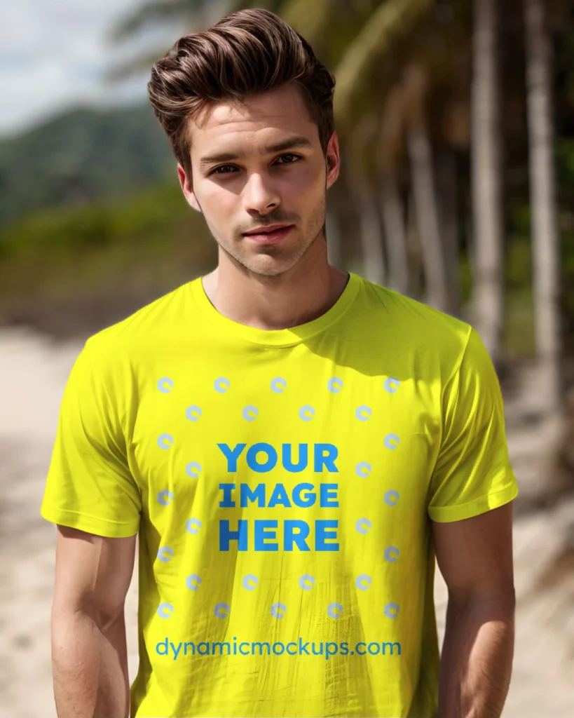 Man Wearing Yellow T-shirt Mockup Front View Template