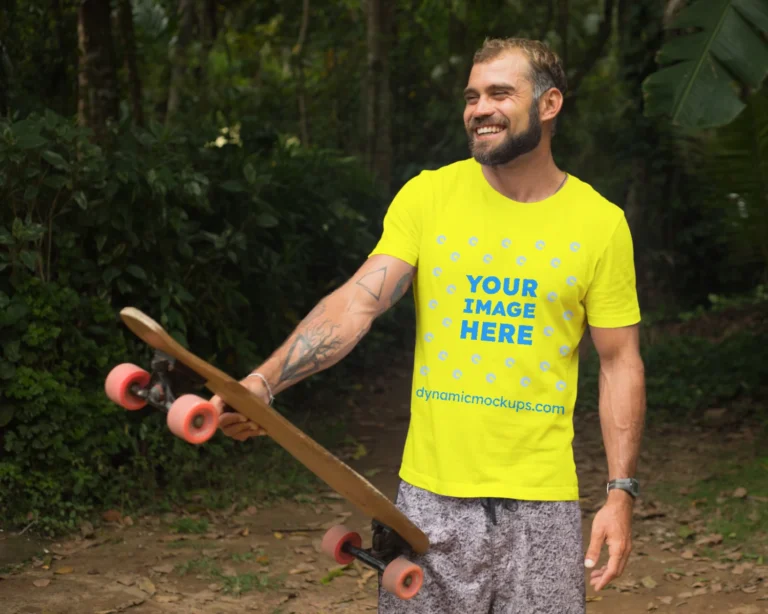 Man Wearing Yellow T-shirt Mockup Front View Template