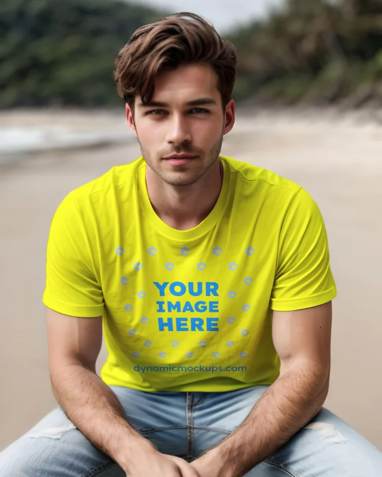 Man Wearing Yellow T-shirt Mockup Front View Template