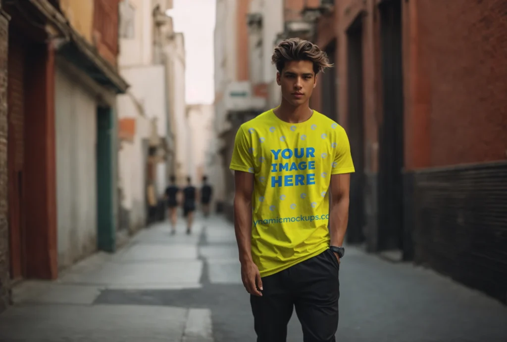 Man Wearing Yellow T-shirt Mockup Front View Template